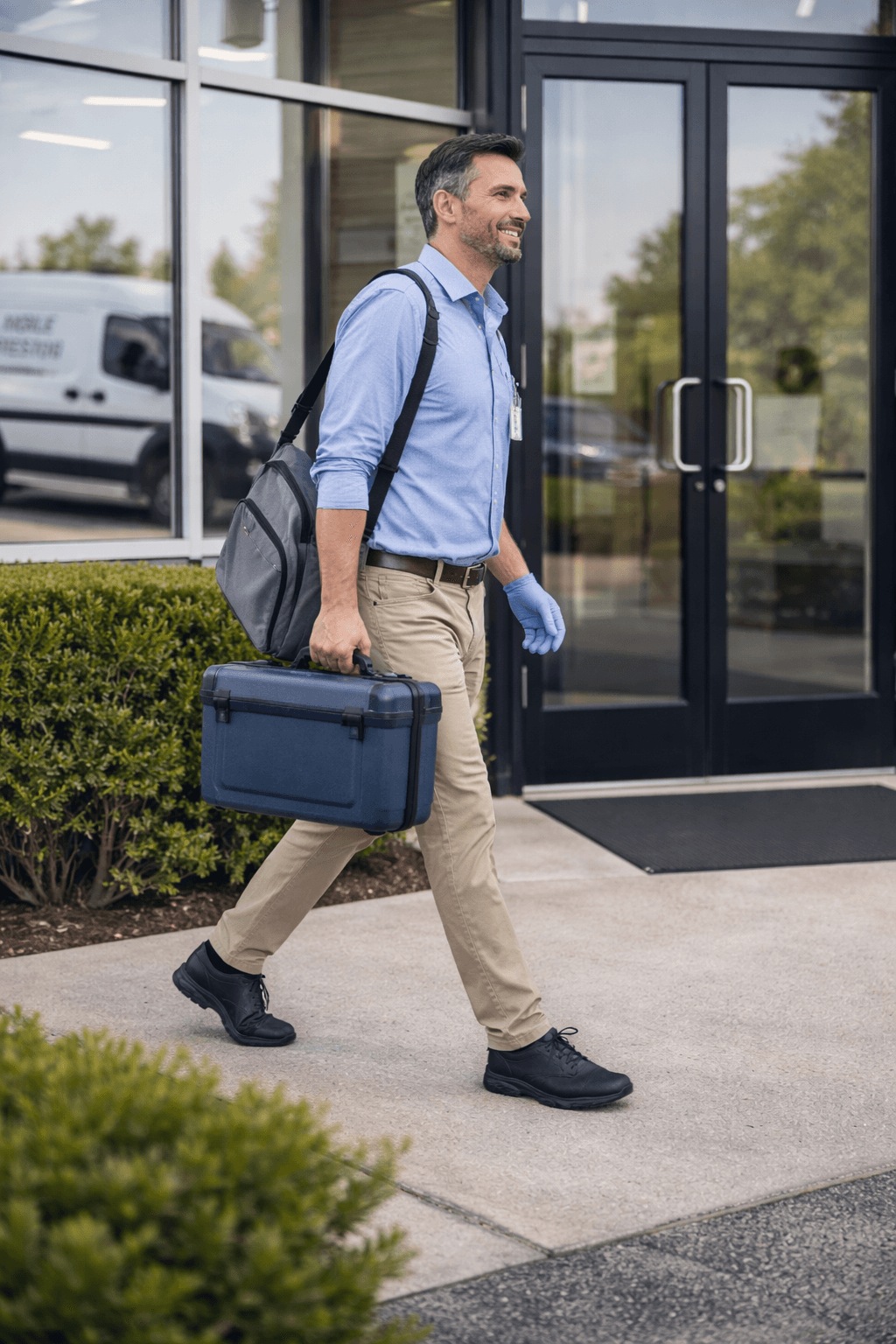 Certified drug test collector arriving at employer workplace for on-site mobile drug testing.